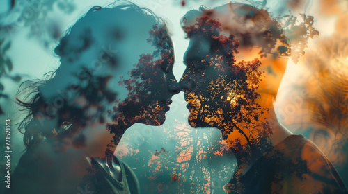 A couple kissing in a forest with trees and leaves. Scene is romantic and peaceful