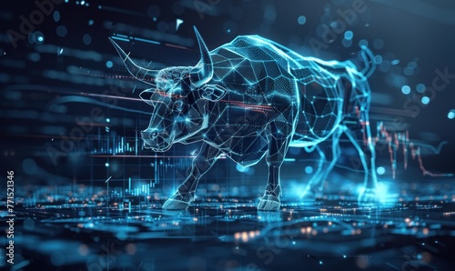 A futuristic bull silhouette against a digital trading interface