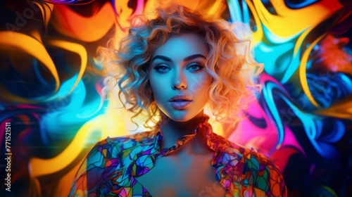 A beautiful blonde woman with curly hair poses on a multicolored background with neon lights in the studio. Face cosmetics, skin care products, Makeup artist, Beauty Studio concepts. © liliyabatyrova