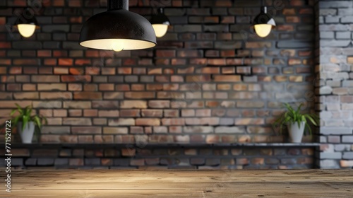 Empty wooden tabletop loft-style interior with a brick wall, black ceiling lamp, background, shop decor loft style N?reated, illustration