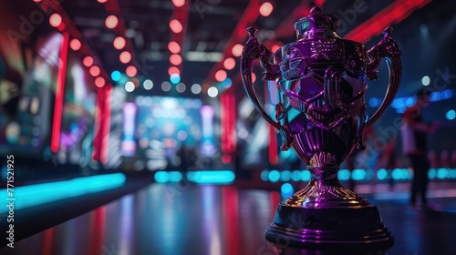 esport trophy is on the stage in front of a glowing stage