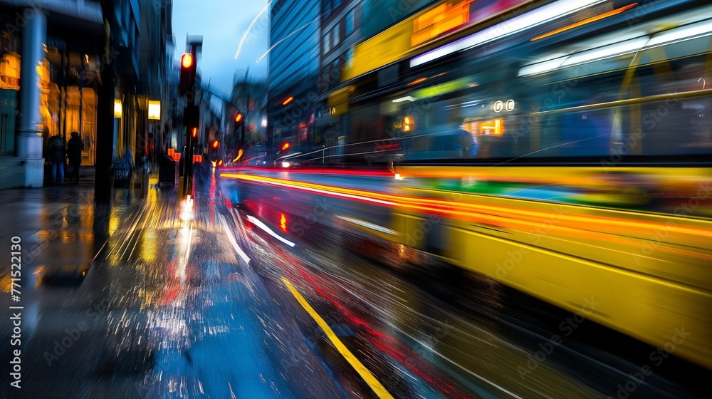 A vibrant street scene with traffic lights and a blurred bus in motion reflecting on wet pavement.