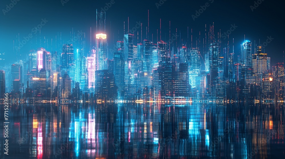 A neon-lit skyline of a modern city with digital effects, mirrored on water surface.