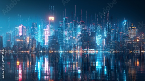 A neon-lit skyline of a modern city with digital effects  mirrored on water surface.