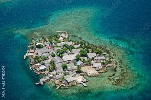 Aerial view of island village at Kuna Yala. San Blas archipelago, Caibbean, Panama, Central America - stock photo photo