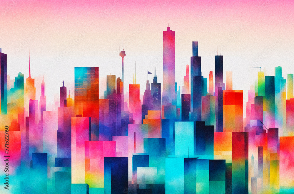 A fusion of geometric shapes filled with colored grunge gradients. The abstract representation of buildings, painted in a spectrum of hues, creates a vibrant urban panorama.