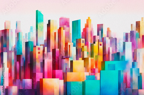 A fusion of geometric shapes filled with colored grunge gradients. The abstract representation of buildings  painted in a spectrum of hues  creates a vibrant urban panorama.