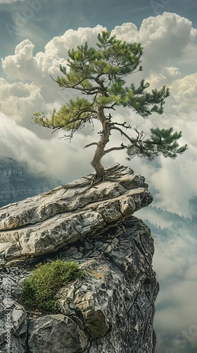 A lone tree thriving at a rocky cliffa  s edge, a metaphor for resilience and standing strong despite adversity photo