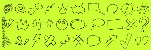 Hand drawn naive doodles on an editable green background. Vector graphics.