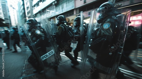  Concept art of phalanx of police in riot gear advances methodically through a city street, poised and ready, amidst a dance of shadows and light that lends a cinematic intensity to the scene. photo