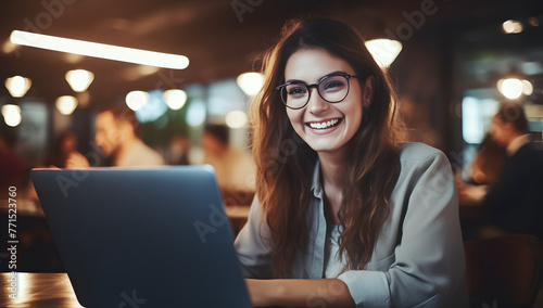 Happy Woman Watching Online Course in Office, Blurred Background Showing Working Colleagues