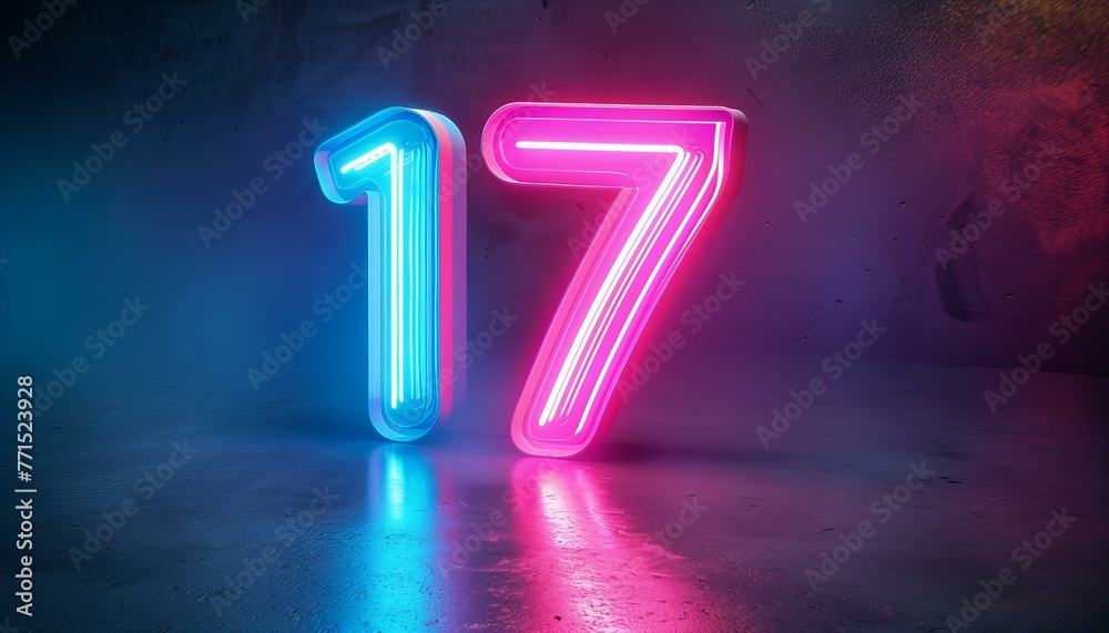3D neon light numbers '17' on textured dark wall. Youth and celebration. Design birthday invitation 3D neon light numbers '17' on textured dark wall. Youth and celebration. Design birthday invitation