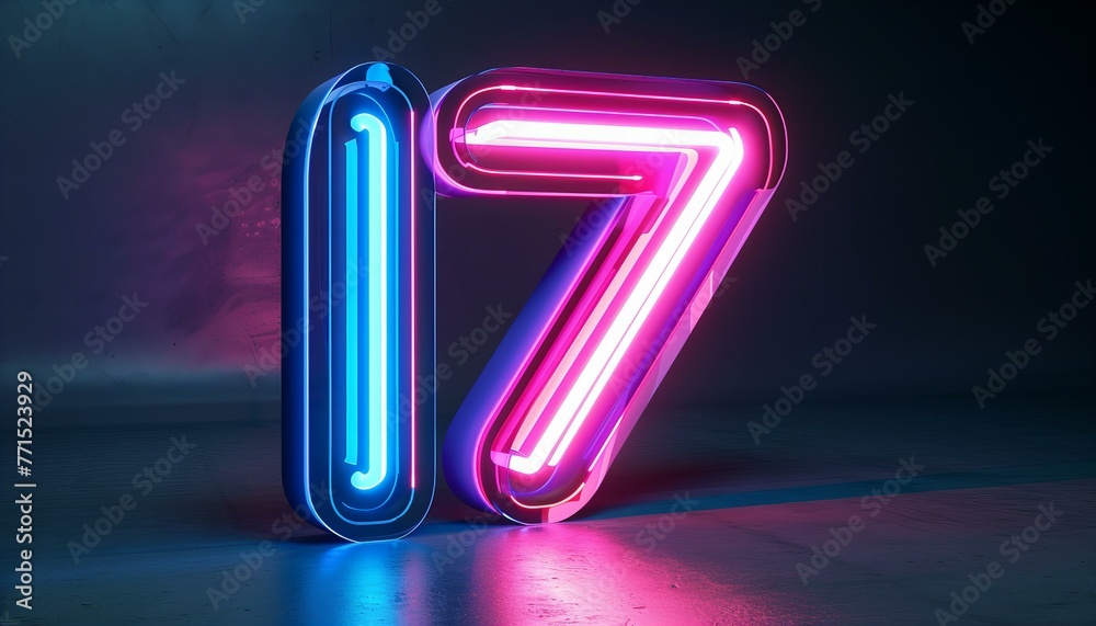 3D neon light numbers '17' on textured dark wall. Youth and celebration. Design birthday invitation 3D neon light numbers '17' on textured dark wall. Youth and celebration. Design birthday invitation