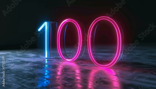 Glowing neon light number '100' on dark reflective surface. Achievement and centenary concept. photo