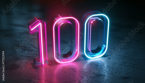 Glowing neon light number '100' on dark reflective surface. Achievement and centenary concept. photo