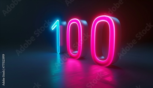 Glowing neon light number '100' on dark reflective surface. Achievement and centenary concept.