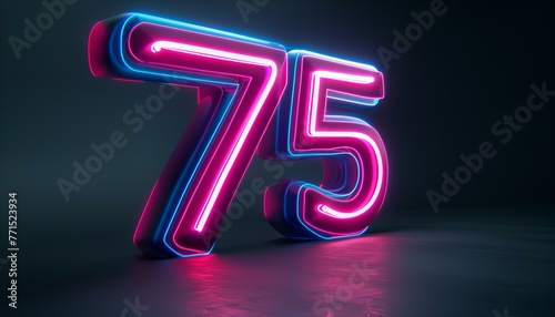 Glowing neon light number '75' on a dark stage with a spotlight. Celebration and jubilee