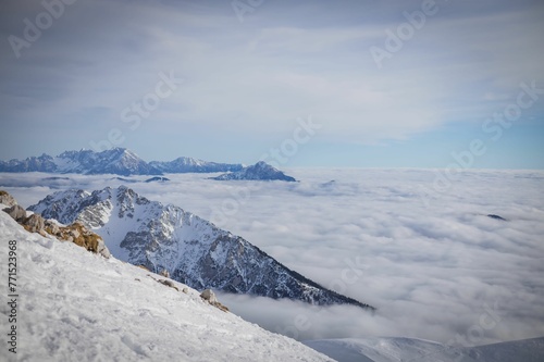 Stunning landscape of snow-covered woods and a distant mountain range in Slovenia