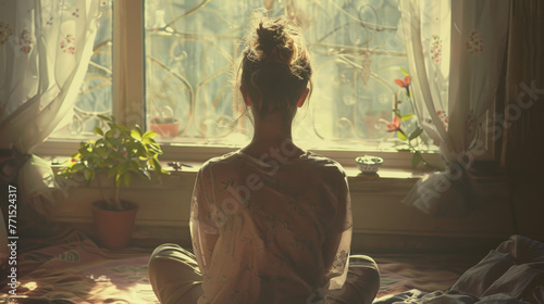 Thoughtful woman sits on a bed in front of a window, looking out with a contemplative expression