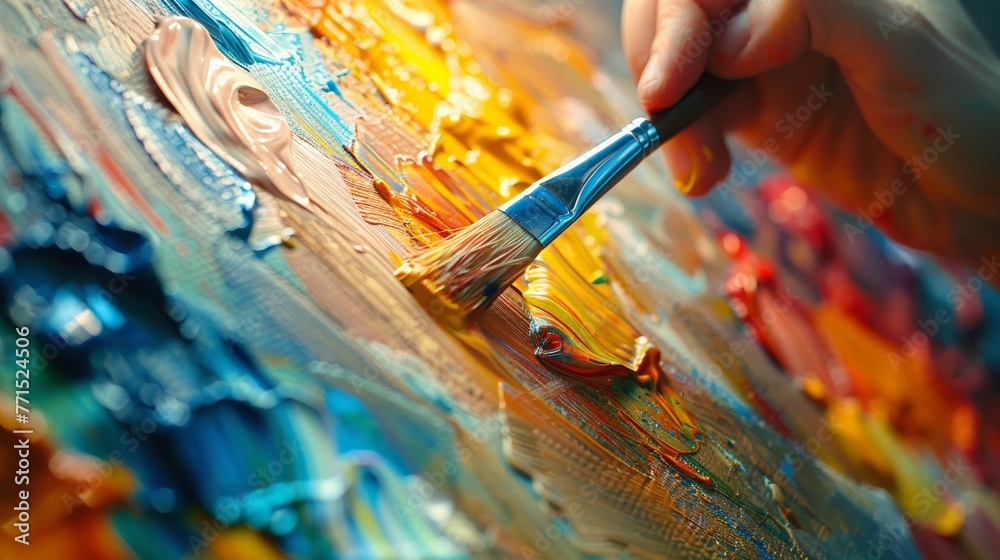 Fototapeta premium Closeup of a painter hand holding a vibrant dripping paintbrush
