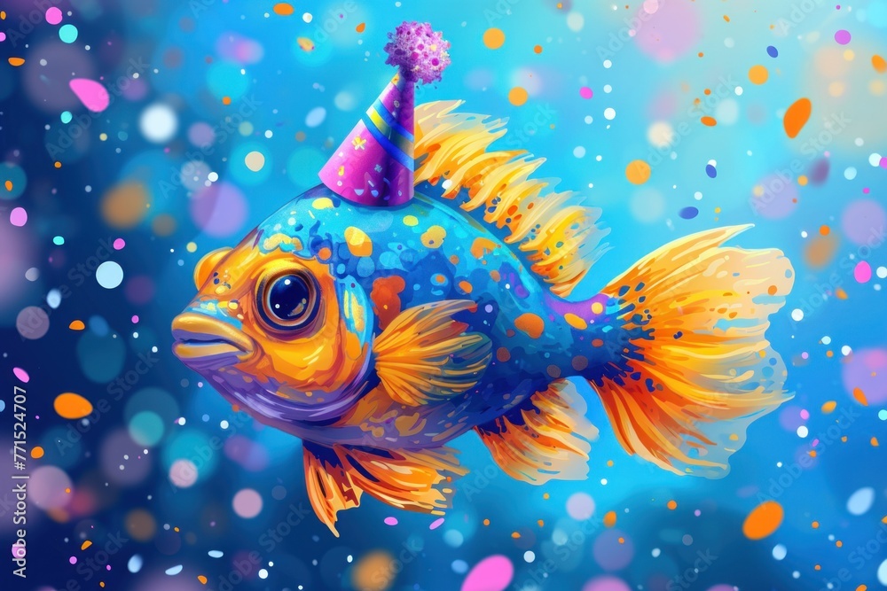 Fototapeta premium Pisces zodiac symbol, a fish, celebrates with confetti and a party hat