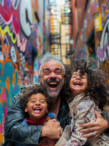 A man and two children are sharing a warm embrace in front of a colorful graffiti-covered wall in an urban setting