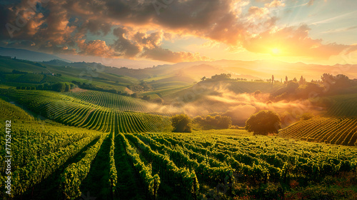 Vineyard agricultural fields in the countryside during sunrise #771524782