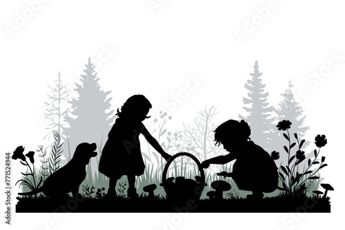 Children and pets silhouettes on white background. Little girls gather mushrooms. Vector illustration. 