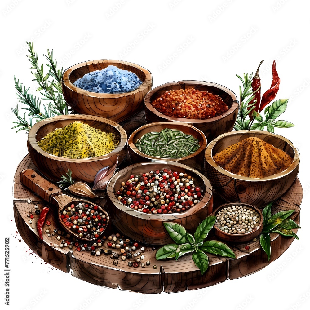 Flavorful Spice and Herb Assortment in Rustic Wooden Bowls on Tray