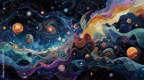 Vivid Interstellar Dreamscape with Dynamic Cosmic Swirls and Planets.