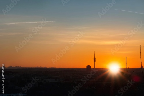 Stunning bright sunset sky over Munich in Bavaria, Germany