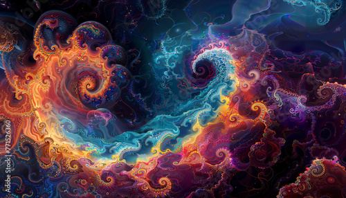 Psychedelic Vortex of Fractal Patterns and Vivid Hues in Abstract Art.