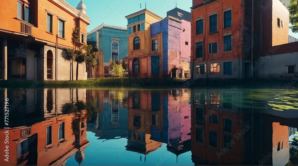 Reflected flooded buildings in the water