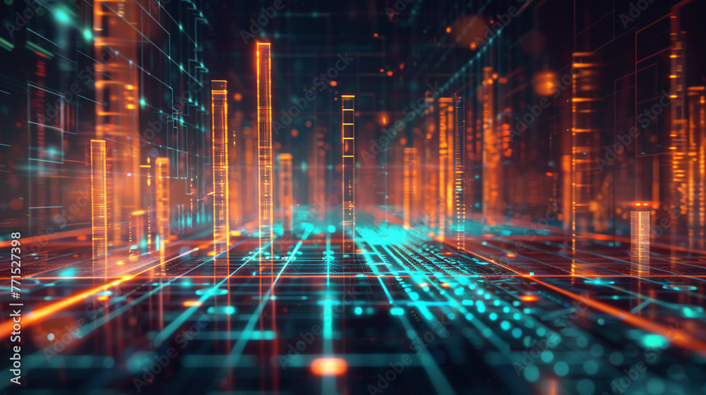 A 3D bar graph showing a dramatic rise in data points, emerging from a digital grid floor with glowing lines A 3D bar graph showing a dramatic rise in data points, emerging from a digital grid floor with glowing lines