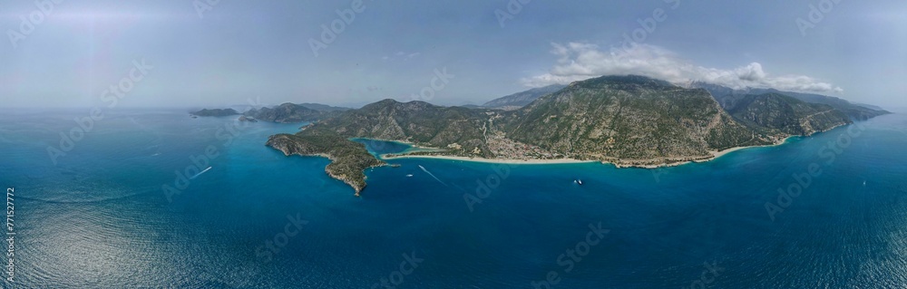 Aerial view of Blue Lagoon with beautiful mountains. Oludeniz, Fethiye, Turkey.