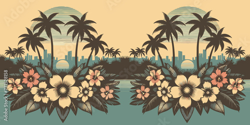 Seamless pattern with palm trees  sunset and hibiscus flowers  tropical summer background design  generative ai
