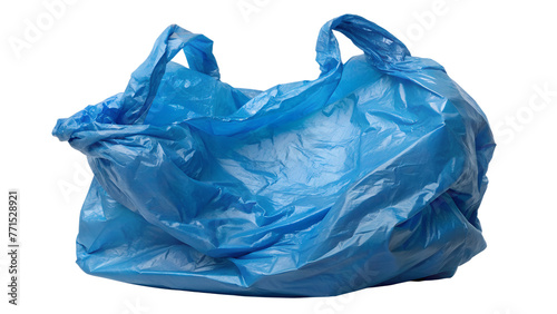 Blue Crumpled Plastic Shopping Grocery Bag in fly, Transparent Background,