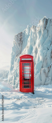 A classic red British telephone box standing at the edge of a towering glacier, bright against the ice, Hyper realistic