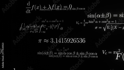 Mathematical equations camera fly-through (endless loop).
Equations of trigonometry, analysis, functional analysis, statistics, geometry,.
Mathematical symbols in high-quality typesetting.