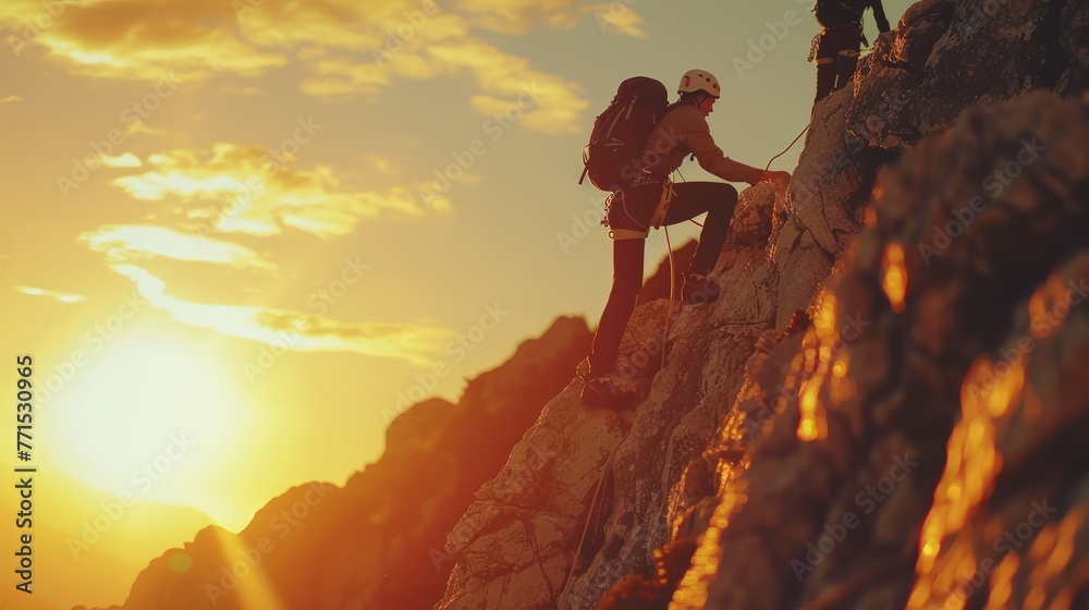 Silhouettes of two people climbing on mountain and helping each other get to the top Silhouettes of two people climbing on mountain and helping each other get to the top