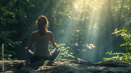 Back of woman relaxingly practicing meditation yoga in the forest to attain happiness from inner peace wisdom serenity with beam of sun light for healthy mind wellbeing and wellness soul concept.