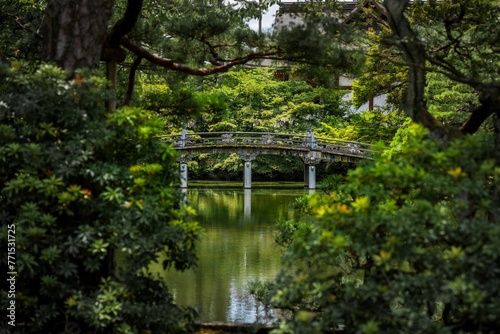 a wooden bridge spanning the middle of a river surrounded by trees