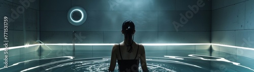 Visualization of sensory deprivation tanks, exploring the concept of total darkness and its effects on the mind hyper realistic photo