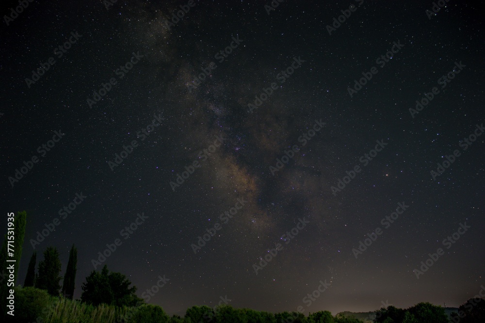 closeup of  a tranquil long-exposure image of a starry night sky above a small stream