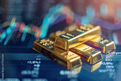 A gold bar sits prominently against a backdrop of a glowing stock market graph, symbolizing wealth and investment.