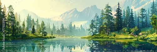 A painting depicting a mountain lake nestled among trees in a serene setting