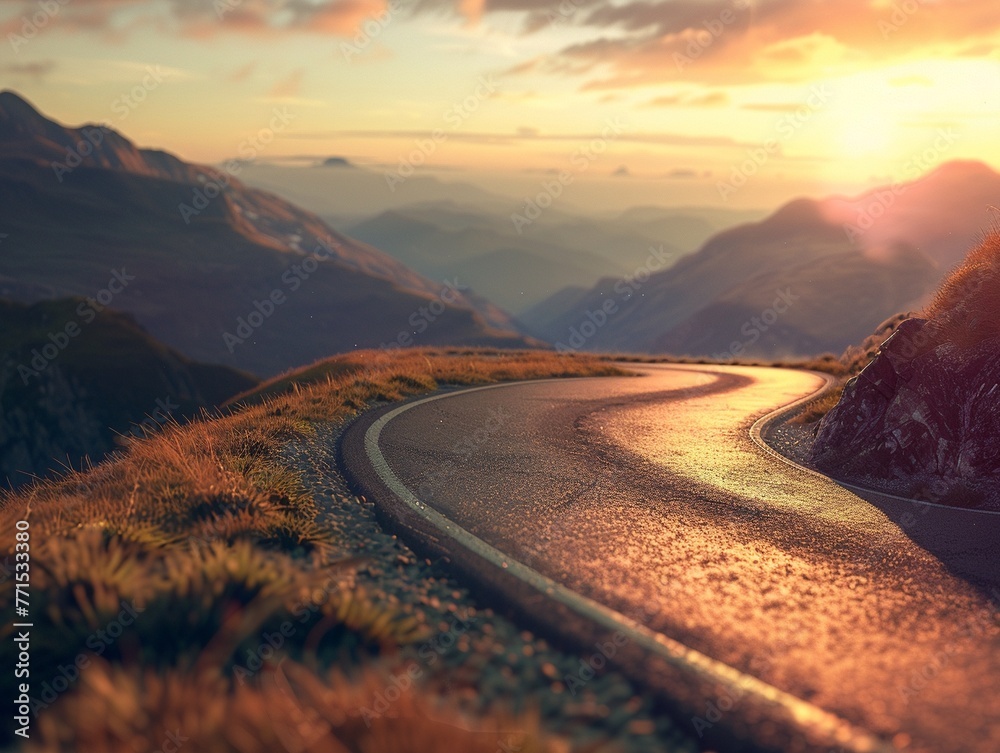 Curve of a mountain road at sunset, breathtaking, journey ahead, 