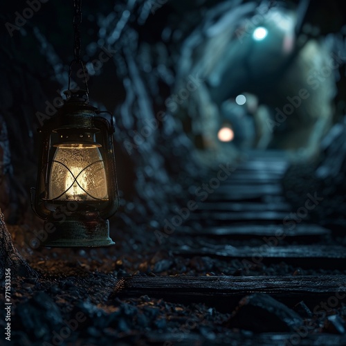 Coal miners lamp illuminating a dark tunnel, closeup, 