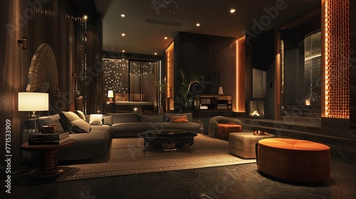 Stylish studio lounge area bathed in warm, dim lighting, perfect for relaxing after a long day's work.