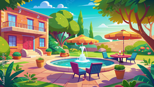 sunny vibrant backyard with fountains and a poolsi 